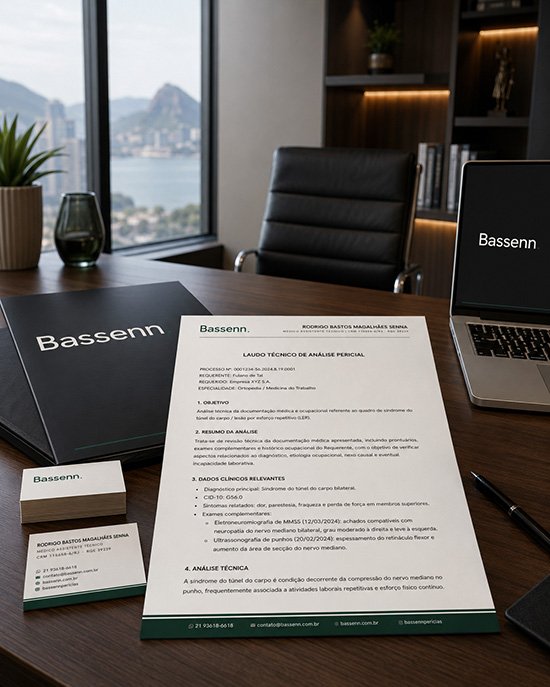 Laudo da Bassenn encadernado, com sumário executivo visível, sobre superfície de madeira
